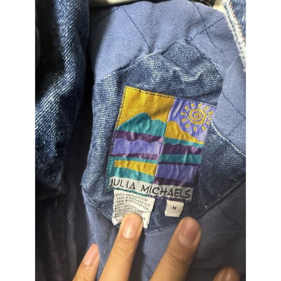 Size MEDIUM Julia Michaels Vintage Denim Jacket Flannel Lined Long Sleeve Hooded - Picture 5 of 5